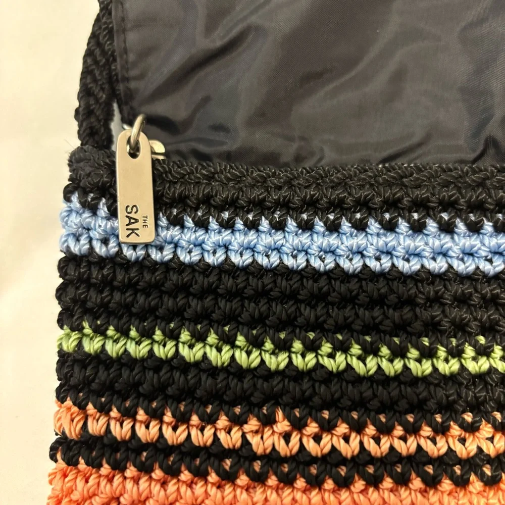 The Sak Black Multicolor Rainbow Striped Crochet Crossbody Flap Bag Boho Hippie